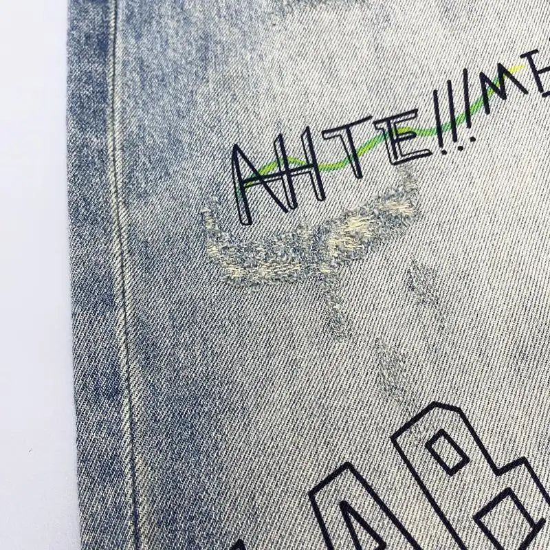 American Retro Street Style Personalized Printed Straight Leg Jeans for Men Loose Fitting Washed High Street Hip-hop Pants