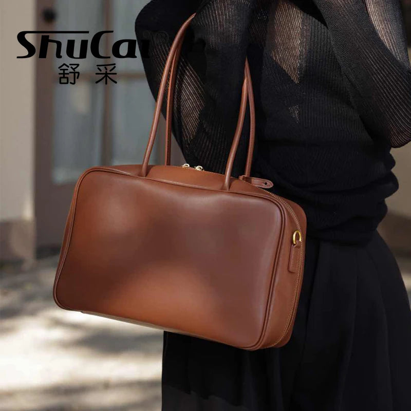 حقائب كتف نسائية أنيقة من الجلد الأصلي باللون الأسود بتصميم فاخر من جلد البقر البني حقيبة كبيرة للنساء حقائب يد نسائية باللون البني