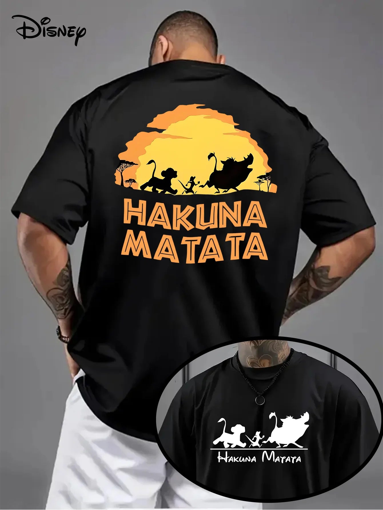تيشيرت رجالي من ديزني بتصميم هاكونا ماتاتا، مصنوع من القطن، بأكمام قصيرة، مقاس كبير وفضفاض، مناسب للجنسين، مثالي للعطلات العائلية
