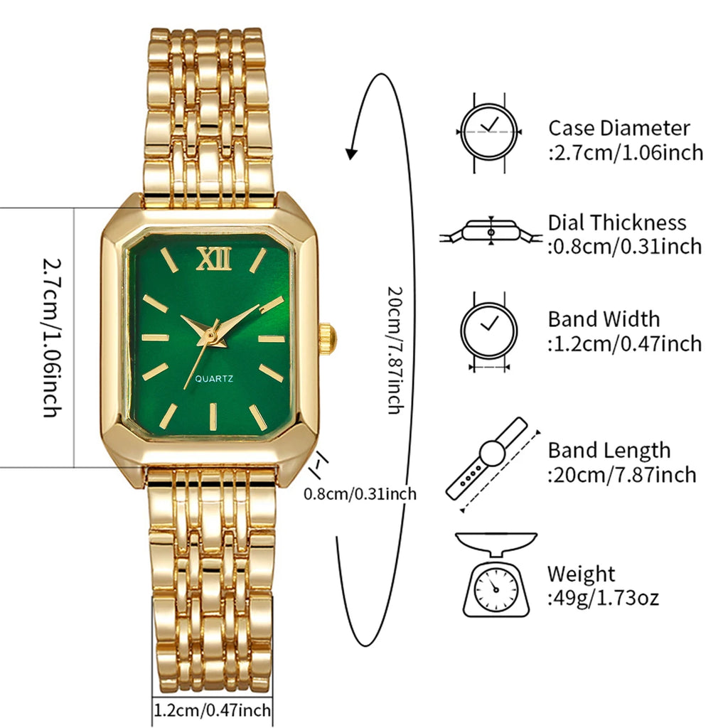 طقم من قطعتين من ساعات اليد النسائية ذات المينا المربعة بتصميم روماني أنيق، مع سوار من سبيكة معدنية مرصع بأحجار الراين (بدون علبة).