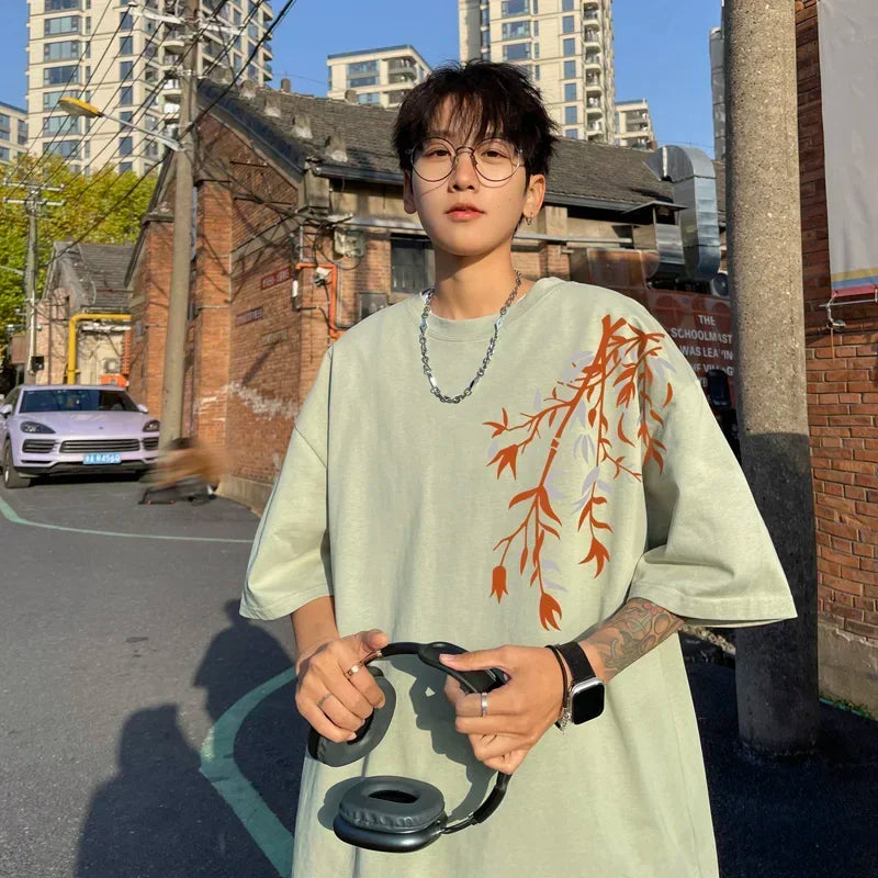 تي شيرت رجالي كبير الحجم من القطن، تي شيرت رجالي أبيض مقاس 5XL، ملابس صيفية كاجوال، تي شيرت مطبوع عليه الخيزران للرجال