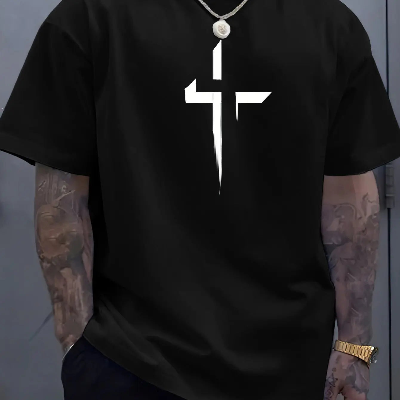 تيشيرت صيفي رجالي قطني 100%، فضفاض، بمقاسات كبيرة، مطبوع عليه شعار Cross Creative، مريح، بياقة دائرية وأكمام قصيرة