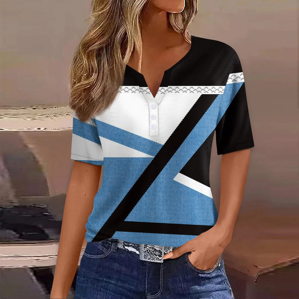 تيشيرت نسائي صيفي جديد بياقة على شكل حرف V، فضفاض، كاجوال، مخطط، مطبوع، ملابس نسائية، ملابس الشارع، تيشيرتات نسائية سهلة الارتداء