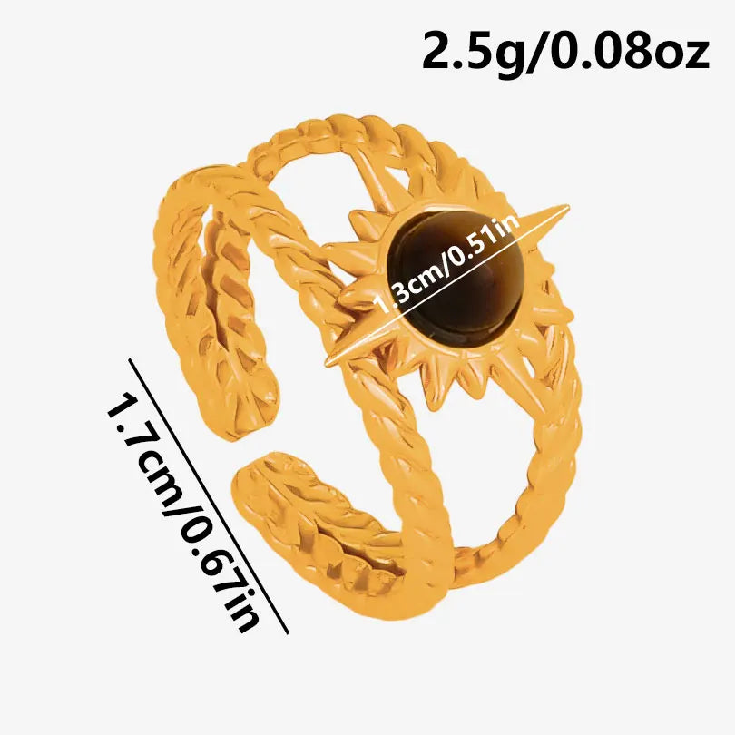 خاتم من حجر عين النمر الحقيقي على شكل قلب الشمس من الفولاذ المقاوم للصدأ، خواتم مفتوحة للنساء والرجال، إكسسوارات مجوهرات عتيقة مطلية بالذهب الحقيقي