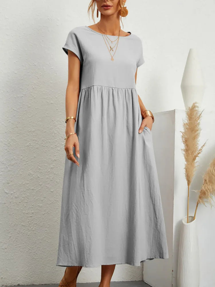 Women Vintage Solid Dress 2023 Summer Elegant O Neck Short Sleeve Cotton Linen Dresses Female Casual Loose Sundress Long Dress