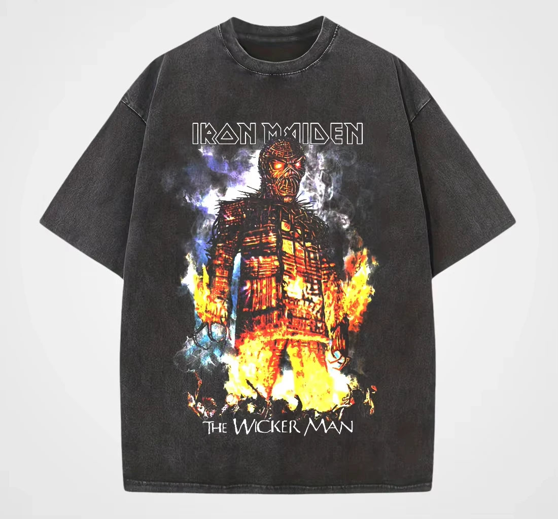 تي شيرت رجالي ونسائي عتيق من LRON Maiden Iron Lady Rock Washed بتصميم هيب هوب أمريكي عتيق بأكمام قصيرة ونصف عصرية