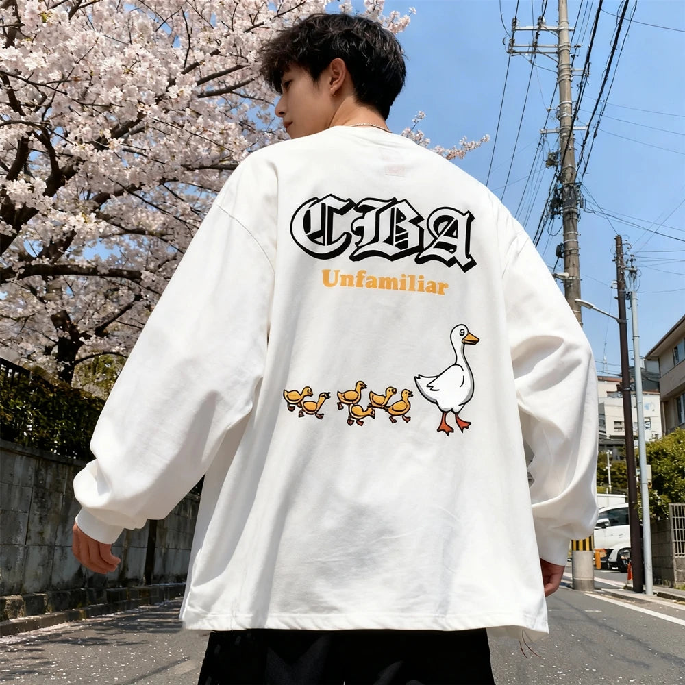 KUCLUT Fashion Best Quality Cartoon Printed Tee Streetwear Casual Loose Long Sleeves Tops Oversize 100%Cotton T Shirt Men Woman