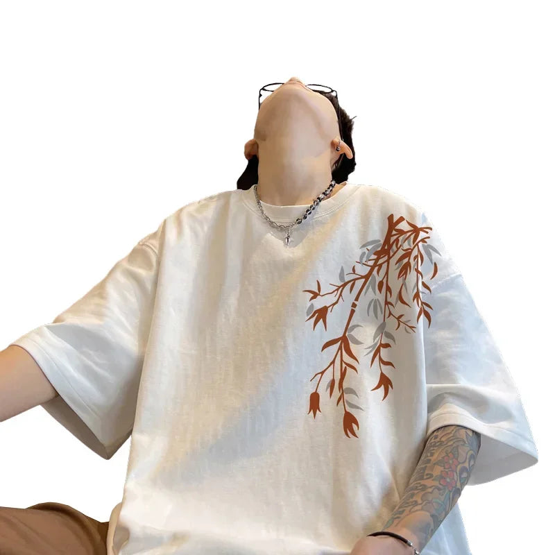 تي شيرت رجالي كبير الحجم من القطن، تي شيرت رجالي أبيض مقاس 5XL، ملابس صيفية كاجوال، تي شيرت مطبوع عليه الخيزران للرجال