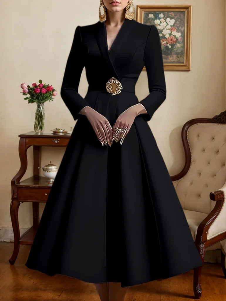 Elegant Wrap V Neck Long Sleeve Pleated Midi Dress Pleated A-line Office Lady Party Evening Midi Dresses for Women Spring 2025