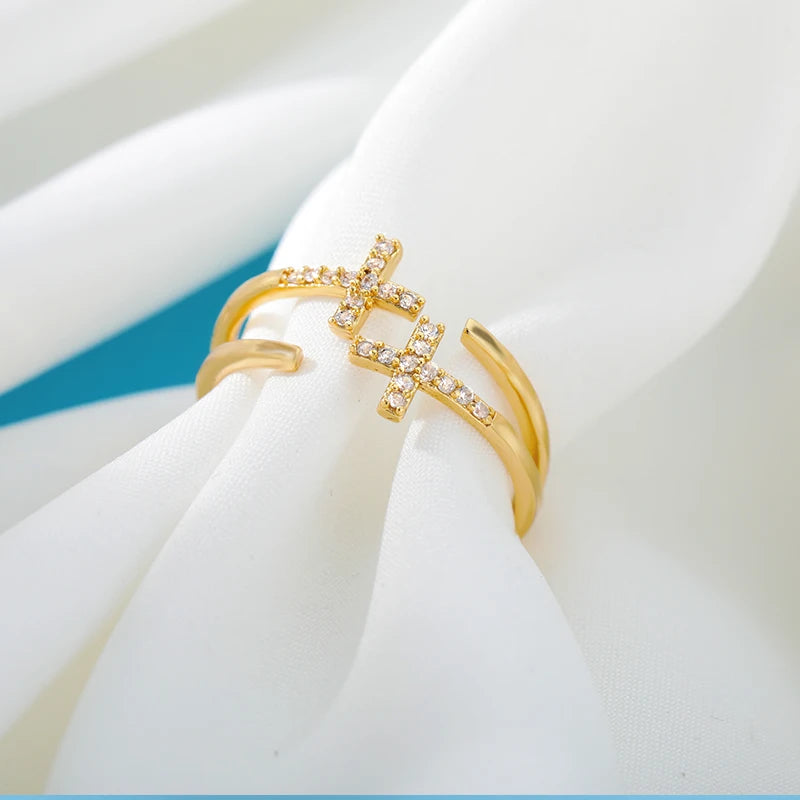 Zircon Double Cross Rings For Woman Stainless Steel Gold Color Shiny Opening Ring New Luxury Fashion Wedding Jewelry Gift Bague