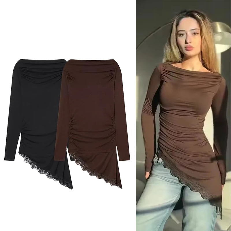 تي شيرتات نسائية ربيع خريف موضة تي شيرتات بحافة من الدانتيل للنساء غير متماثلة ملابس الشارع بأكمام طويلة وقمصان كاجوال رفيعة