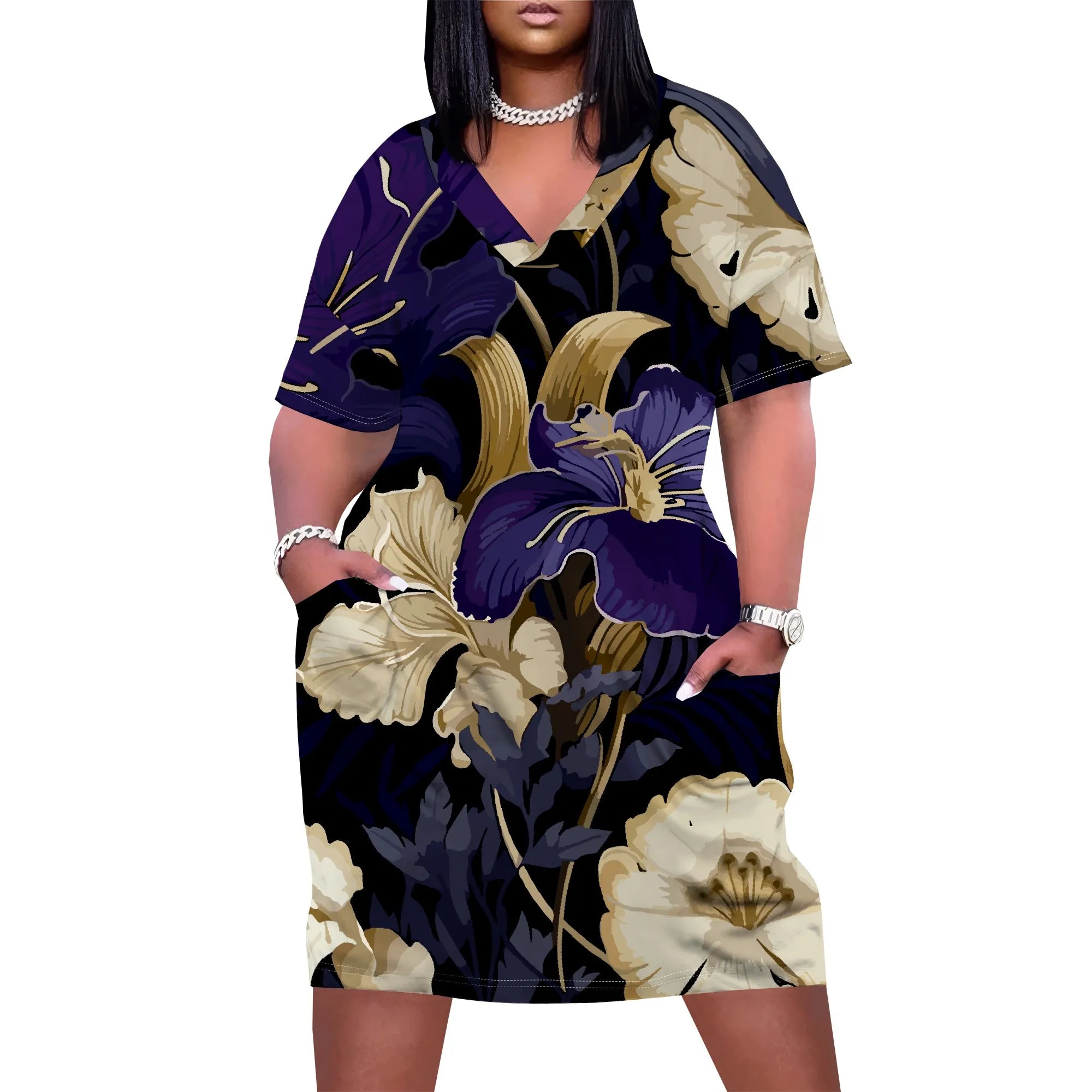 Plus Size Floral Print Dress for Women Summer V Neck Casual T Shirt Dress with Pockets Elegant Style