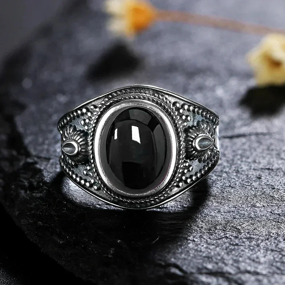 خواتم عتيقة من الفضة الإسترلينية عيار 925، خواتم بيضاوية الشكل مقاس 8×10 مم، مصنوعة من حجر العقيق الأسود الطبيعي، مجوهرات فاخرة للرجال والنساء، خواتم من حجر الرودوكروزيت