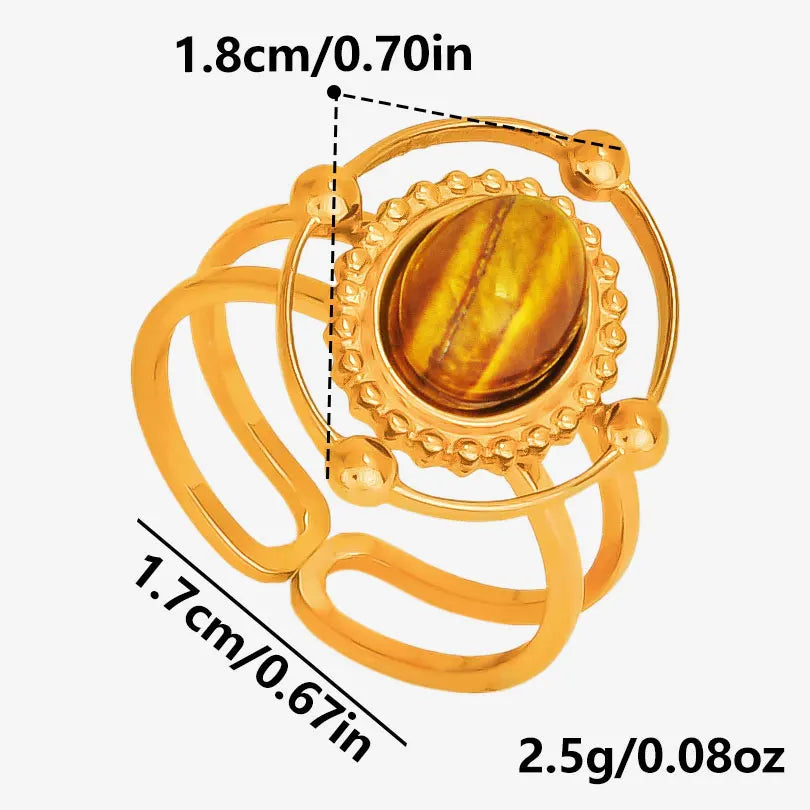خاتم من حجر عين النمر الحقيقي على شكل قلب الشمس من الفولاذ المقاوم للصدأ، خواتم مفتوحة للنساء والرجال، إكسسوارات مجوهرات عتيقة مطلية بالذهب الحقيقي