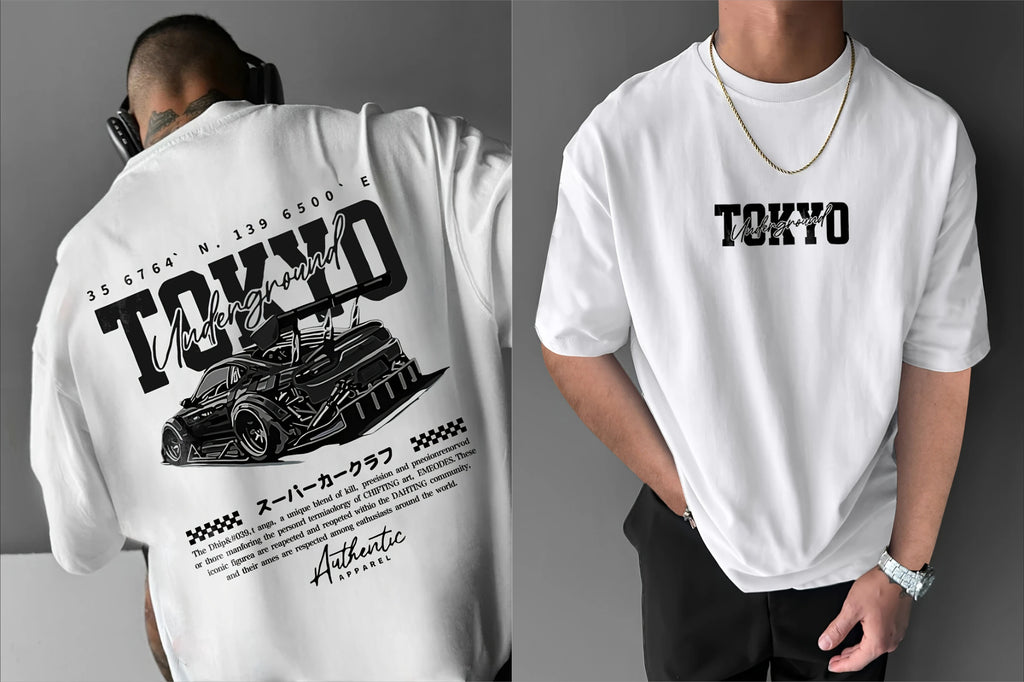 تيشيرت رجالي برسومات أنمي مستوحاة من مترو أنفاق طوكيو، باللونين الأسود والأبيض، بأكمام قصيرة، مناسب للأنشطة الخارجية والصيفية.