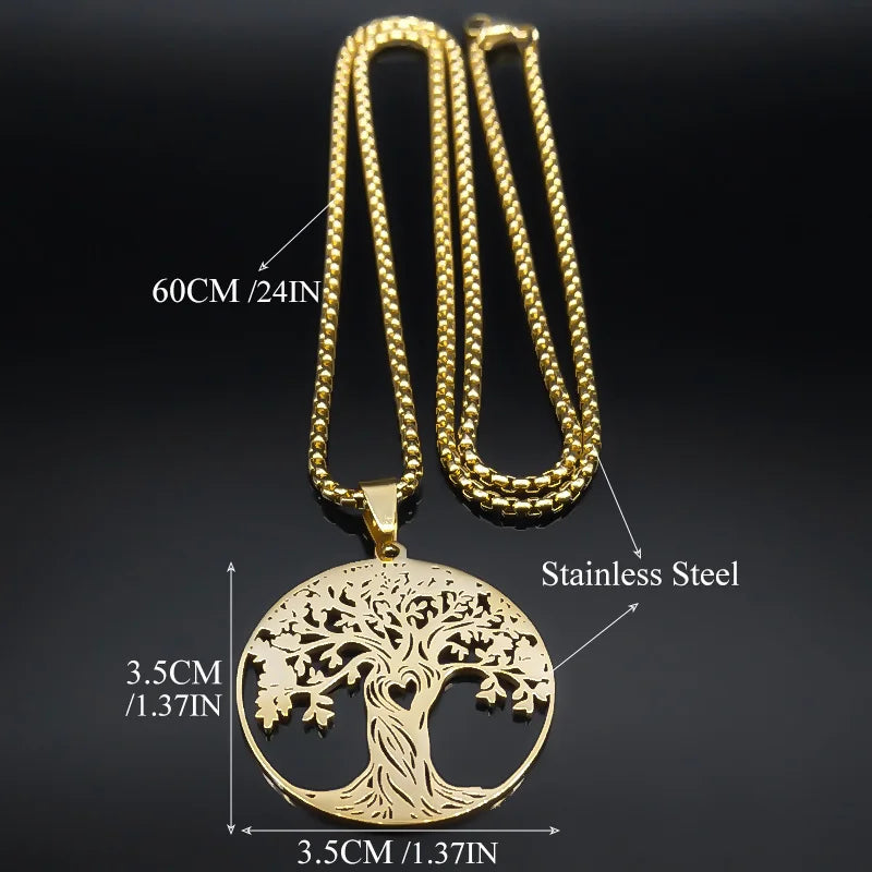 Aesthetic Tree of Life Love Heart Necklace for Women Men Stainless Steel Gold Color Lucky Amulet Chain Jewelry collar NZZZ529S02