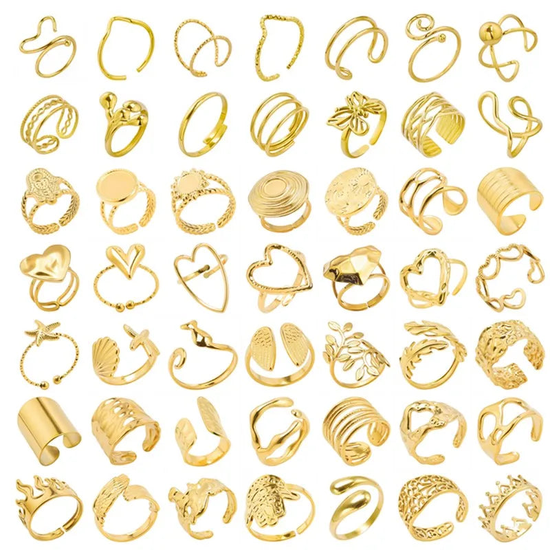 خواتم من الفولاذ المقاوم للصدأ مطلية بالذهب الحقيقي، 1/5 قطع/مجموعة، إكسسوارات للنساء والرجال، خاتم مفتوح قابل للتعديل بتصميم فراشة وقلب سميك