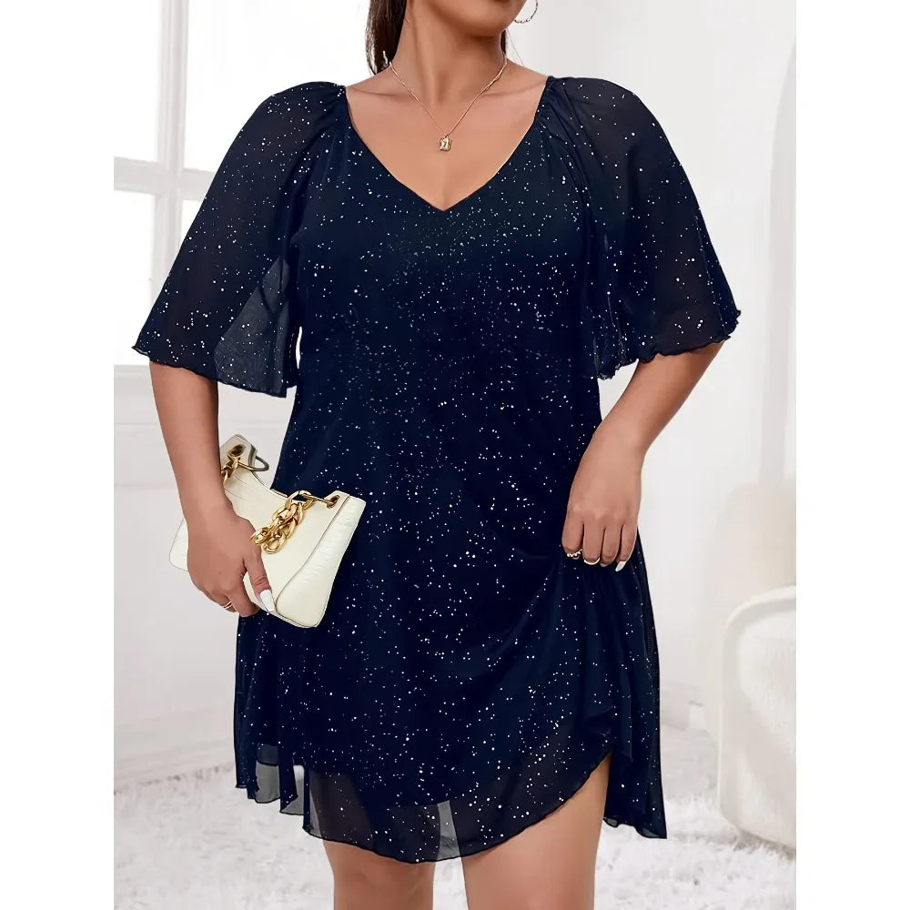 Plus Size Women's Fashion V-Neck Elegant Dress Casual V-neck Waist Cinched Dress Versatile and Elegant Lotus Leaf Hem Dress