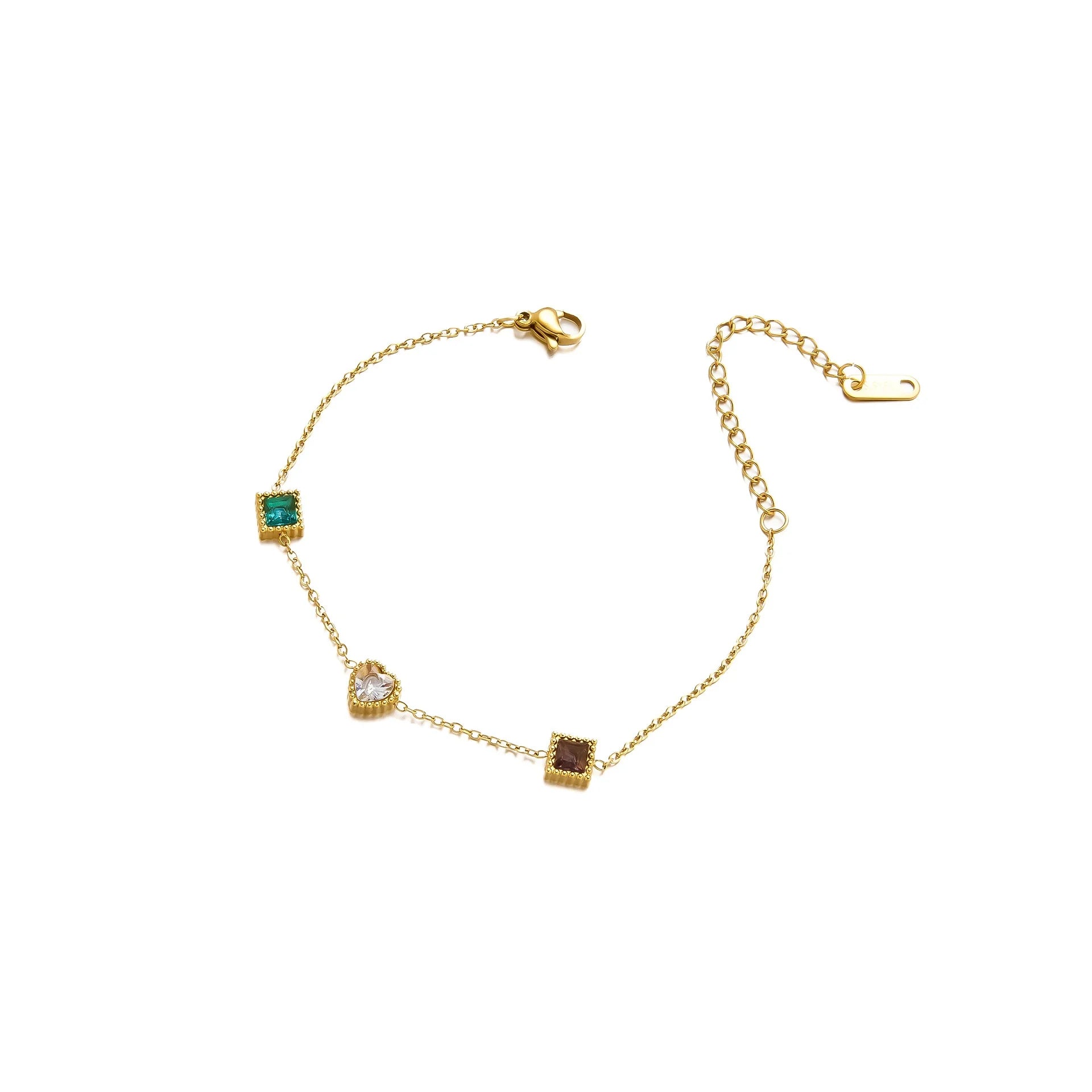 سوار كريستالي ملون على شكل قلب مربع للنساء، مصنوع من الفولاذ المقاوم للصدأ بلون ذهبي رائع، بتصميم هندسي لا يبهت لونه.