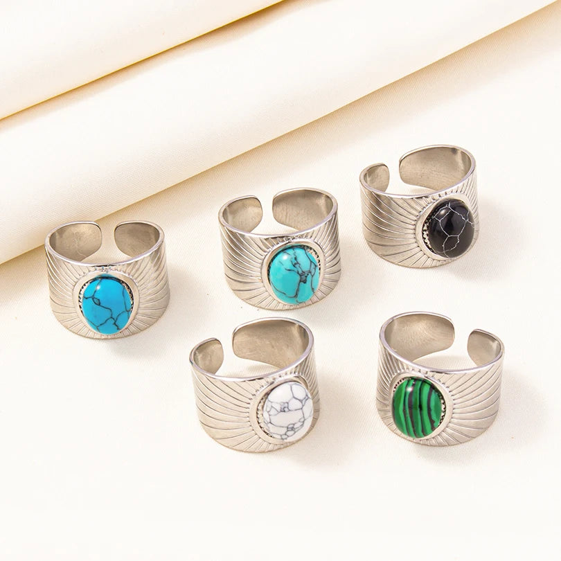 1/5 قطع من الخواتم المفتوحة غير المنتظمة والسميكة المصنوعة من الفولاذ المقاوم للصدأ والمزينة بأحجار صناعية متنوعة، بتصميم هندسي عتيق مميز، مجوهرات نسائية