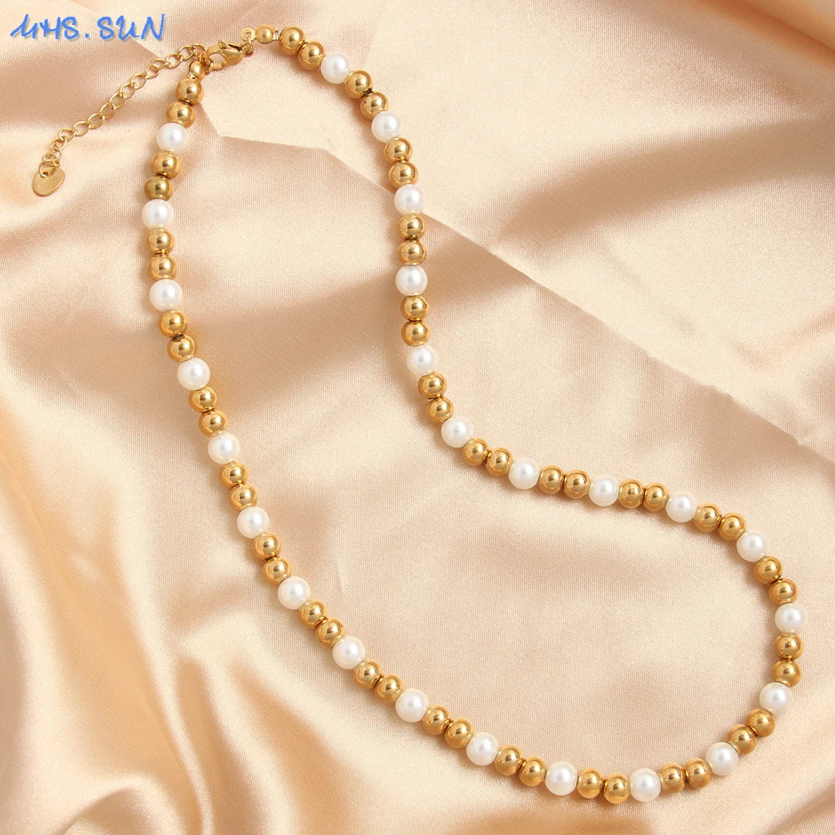 قلادة MHS.SUN العصرية المصنوعة من الفولاذ المقاوم للصدأ باللون الذهبي والمزينة بحبات اللؤلؤ 4/6/8/10 مم من الخرز المعدني مجوهرات قابلة للتعديل للنساء والرجال