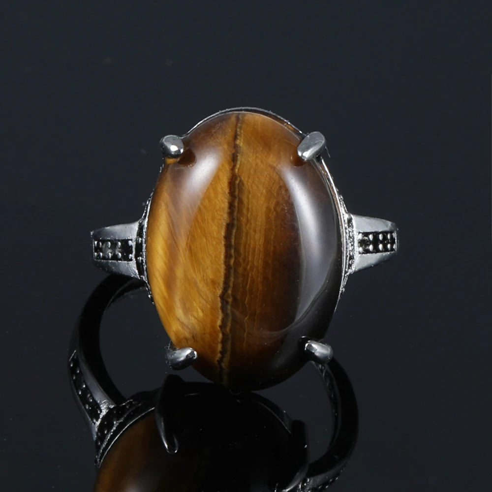 100% natural gemstone tiger-eye Retro style adjustable ring copper-plated silver ring for women men jewelry gift