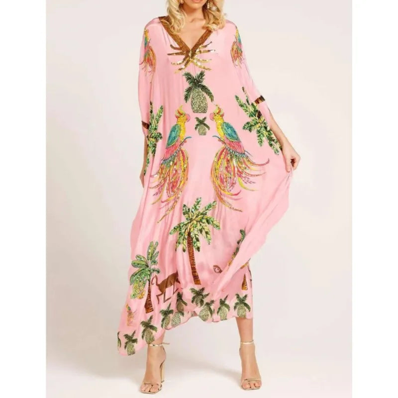 Women Bohemian Maxi Dresses 2025 Summer Loose V-neck Fashion Sexy Hipster Elegant Retro Printed Female Casual Long Robe Vestidos
