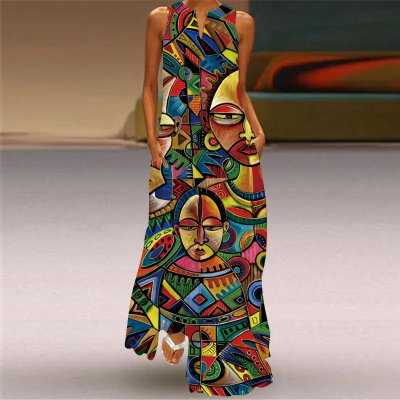 Sexy V-neck Women Maxi Dress Summer Fashion Sleeveless Sundress Retro Print Long Dresses With Pocket Vestidos Robe Maje