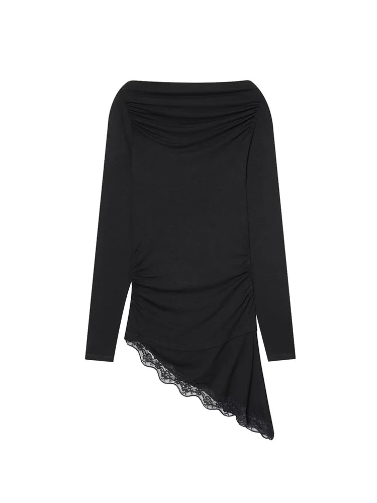 تي شيرت نسائي جديد من TFMLN 2026 ربيعي بأكمام طويلة وحاشية غير متماثلة ورقبة قارب وقمصان علوية كاجوال ضيقة للسيدات ملابس الشارع