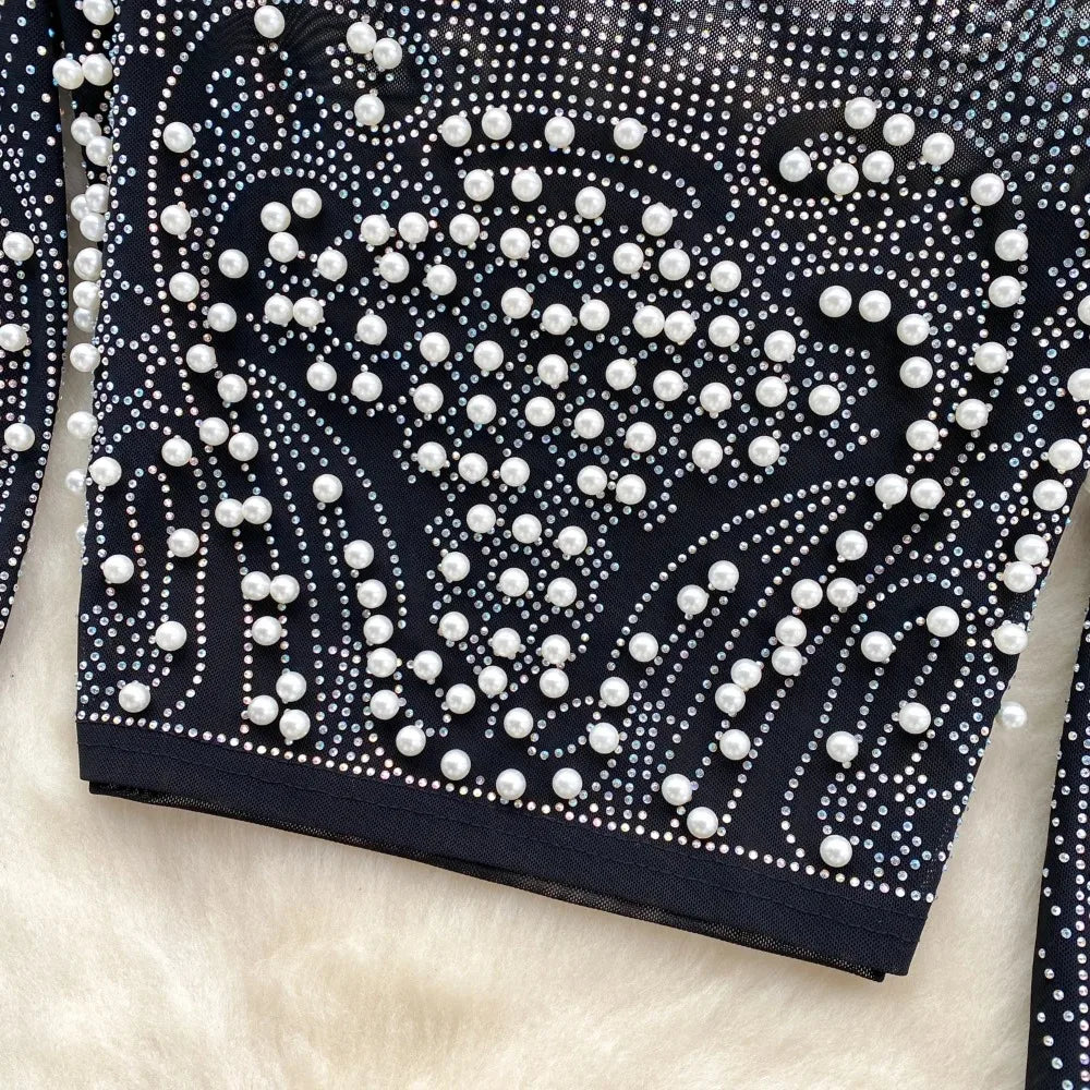 قميص نسائي أنيق بأكمام طويلة من حجر الراين، تي شيرت كوري أنيق، رقبة مربعة، مثير، أنيق