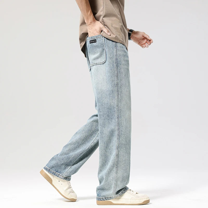 Autumn Casual Men's Straight Jeans Fashion Loose Vintage Elastic Waist Trousers Light Blue Personality Wide Pants Denim Male