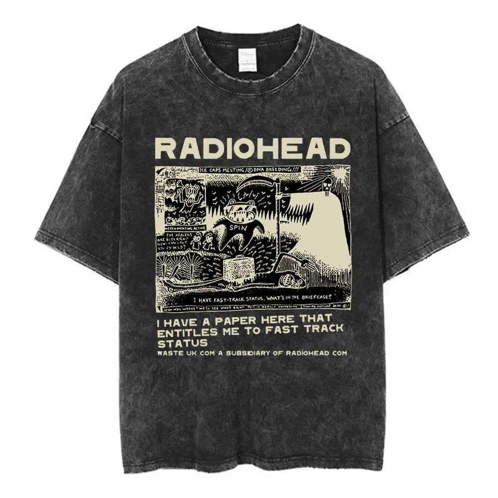 تي شيرت Radiohead Rock Band OK Computer Vintage Washed للرجال والنساء تي شيرتات هيب هوب عصرية 100% قطن تي شيرتات كاجوال ملابس الشارع