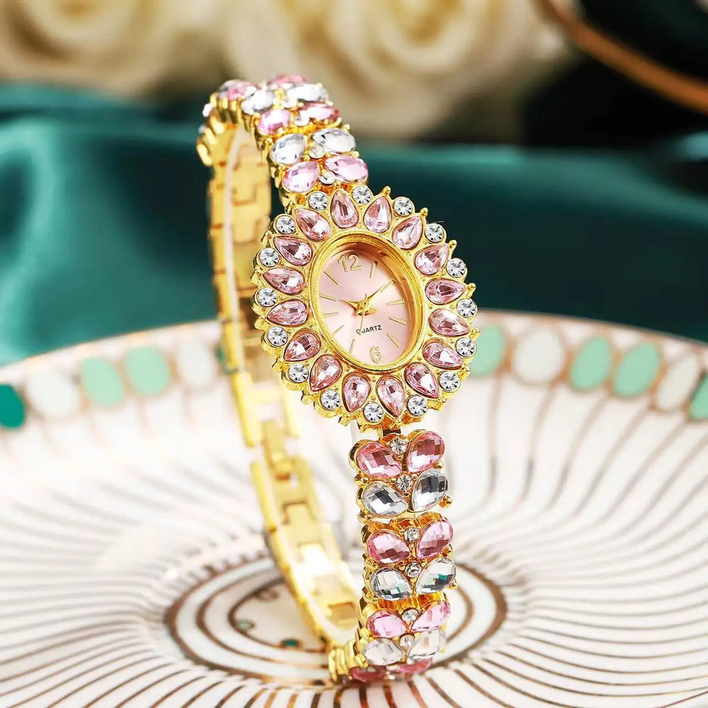 ساعة يد نسائية أنيقة، سوار فاخر مرصع بأحجار الراين، ساعة كوارتز للبنات، ساعة يد نسائية
