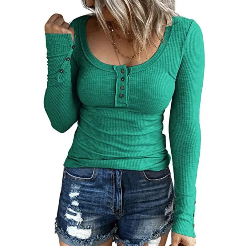 تيشيرت نسائي جديد بلون موحد، ضيق وجذاب، بياقة دائرية وأكمام طويلة، بتصميم عصري أنيق، مناسب لربيع وصيف 2024