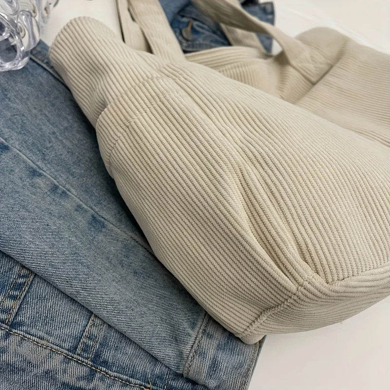 حقيبة كتف مخططة من قماش مخملي كاجوال للنساء مع أحزمة ثابتة وسحاب وحقيبة يد كبيرة السعة للنزهات اليومية والتسوق