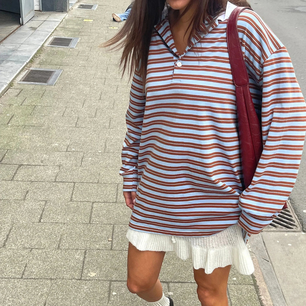 تيشيرت نسائي جديد بأكمام طويلة وياقة مطوية مخططة، مناسب لفصل الخريف، ملابس عصرية للاستخدام اليومي، متوفر الآن بمقاسات SML