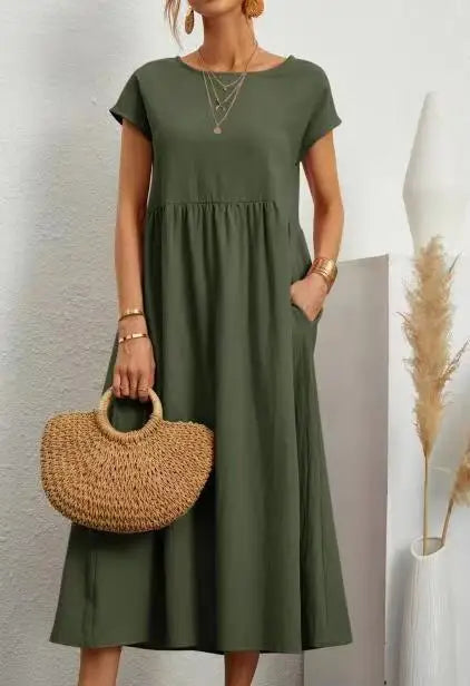 Women Vintage Solid Dress 2023 Summer Elegant O Neck Short Sleeve Cotton Linen Dresses Female Casual Loose Sundress Long Dress