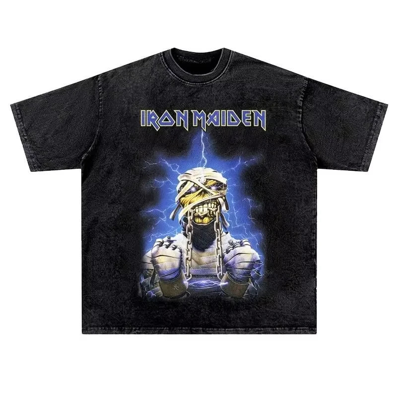 تي شيرت رجالي ونسائي عتيق من LRON Maiden Iron Lady Rock Washed بتصميم هيب هوب أمريكي عتيق بأكمام قصيرة ونصف عصرية