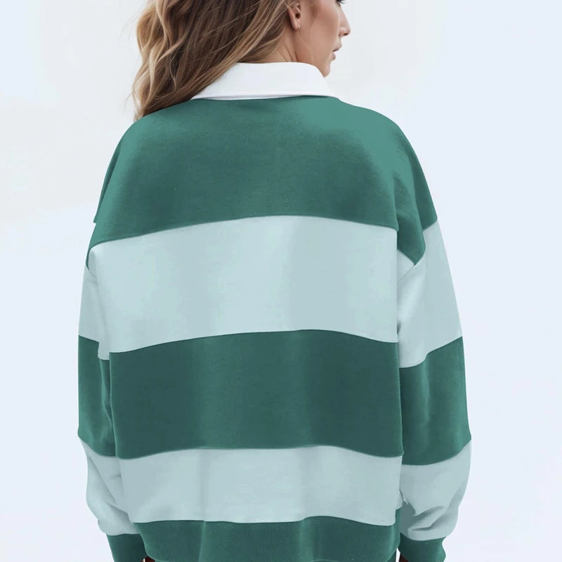 سويت شيرت نسائي واسع بأكمام طويلة وياقة وأزرار وخطوط بألوان متباينة وقمصان فضفاضة بتصميم Y2K وقمصان رغبي أنيقة