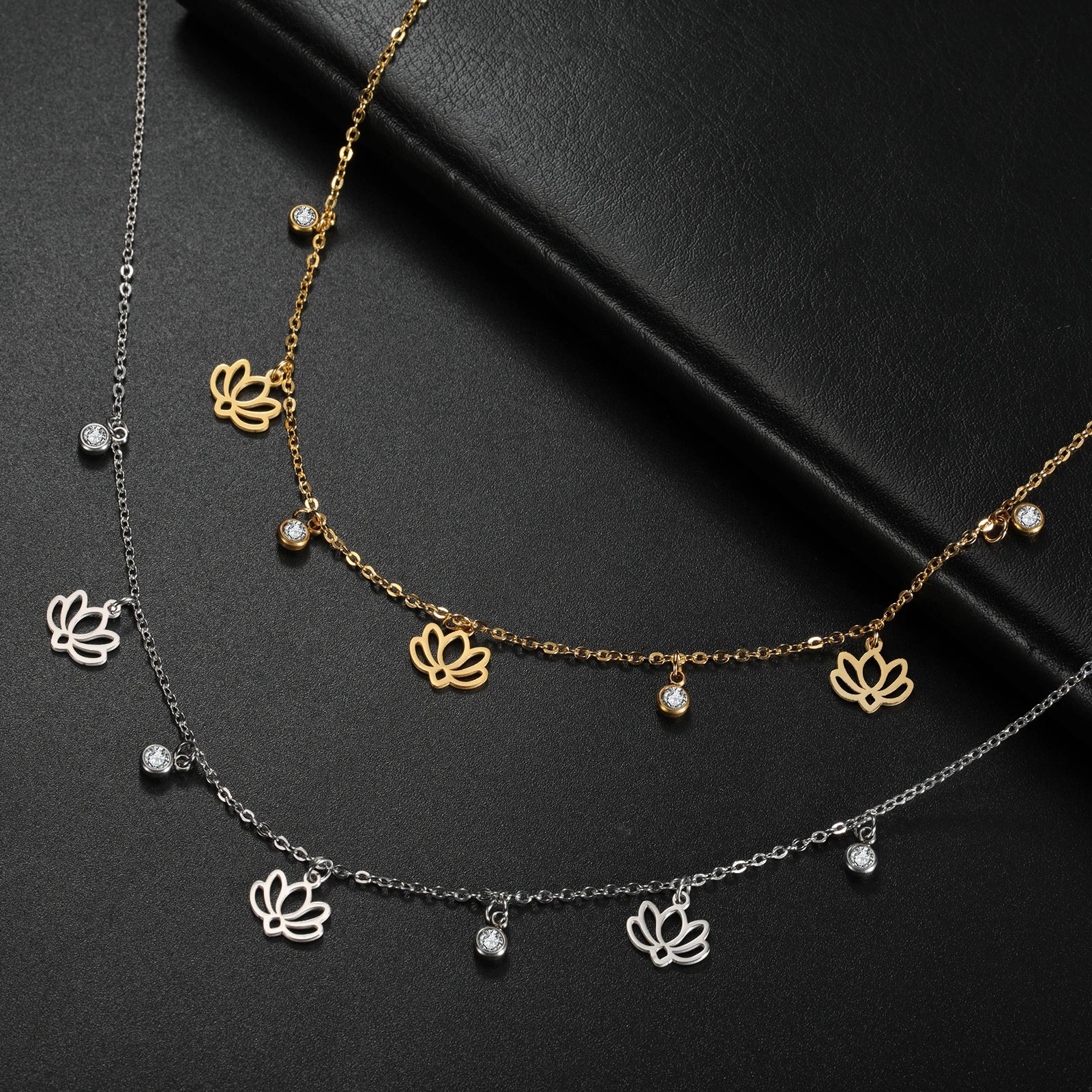 Lucktune Lotus Flower Zircon Pendant Necklace for Women Bohemian Stainless Steel Choker Chain Necklace Jewelry Birthday Gift New
