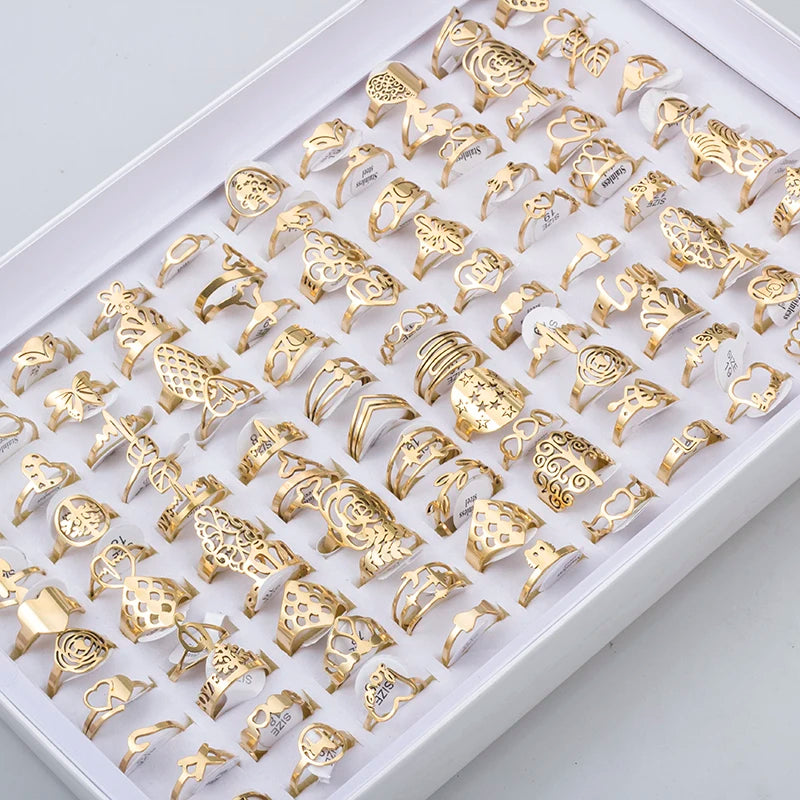 ١٠٠ قطعة من الخواتم المنقوشة المصنوعة من الفولاذ المقاوم للصدأ للرجال والنساء، مجوهرات أنيقة، هدية، خواتم على شكل زهرة مجوفة، بيع بالجملة