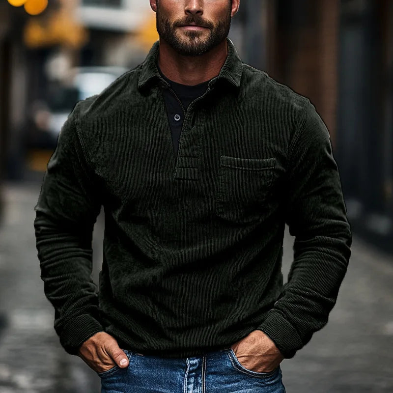 قميص بولو رجالي جديد من Crazy Muscle مصنوع من قماش مخملي عتيق وجيوب بأزرار ولون سادة بأكمام طويلة مناسب للخريف والشتاء