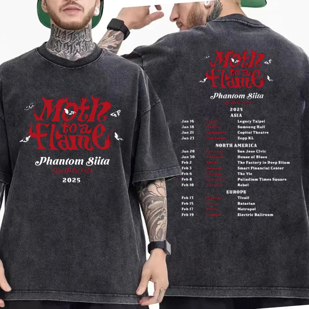 تي شيرت رجالي من القطن الخالص مطبوع عليه عبارة Ado Moth To The Fire Phantom Siita Washed T-shirt، تي شيرت رجالي فضفاض بتصميم ريترو وموسيقى البوب ​​اليابانية