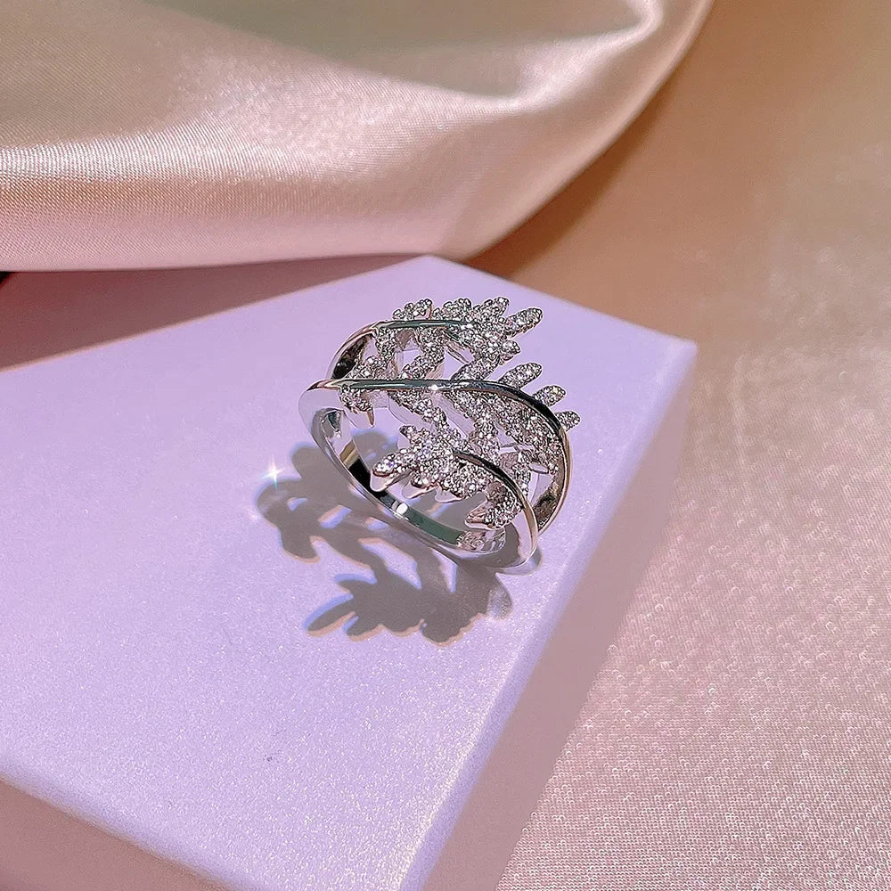 خواتم من الفضة الإسترليني عيار 925 للنساء، خاتم بتصميم ريشة مرصع بالزركونيا المكعبة، خاتم زفاف رومانسي