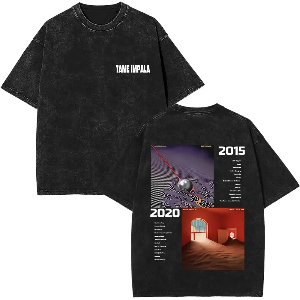 تي شيرت رجالي كاجوال فضفاض بأكمام قصيرة من القطن مطبوع عليه عبارة VintageWashed Pop Rock Band Tames Impala Current Graphic Print