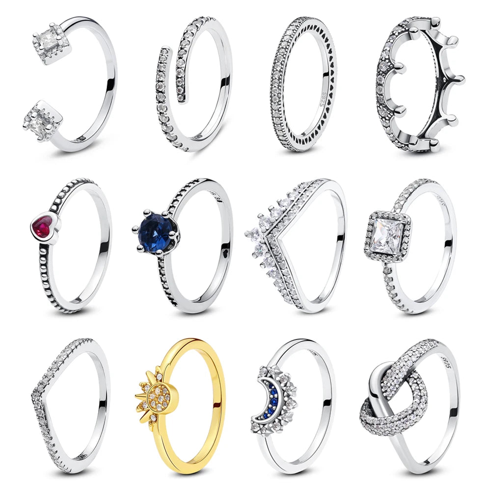 خواتم فضة إسترليني عيار 925 للنساء، بتصميم تاج أصلي، وقلب، وعظمة الترقوة، وخاتم خطوبة وزفاف من الذهب الوردي مرصع بالكريستال، مجوهرات فاخرة