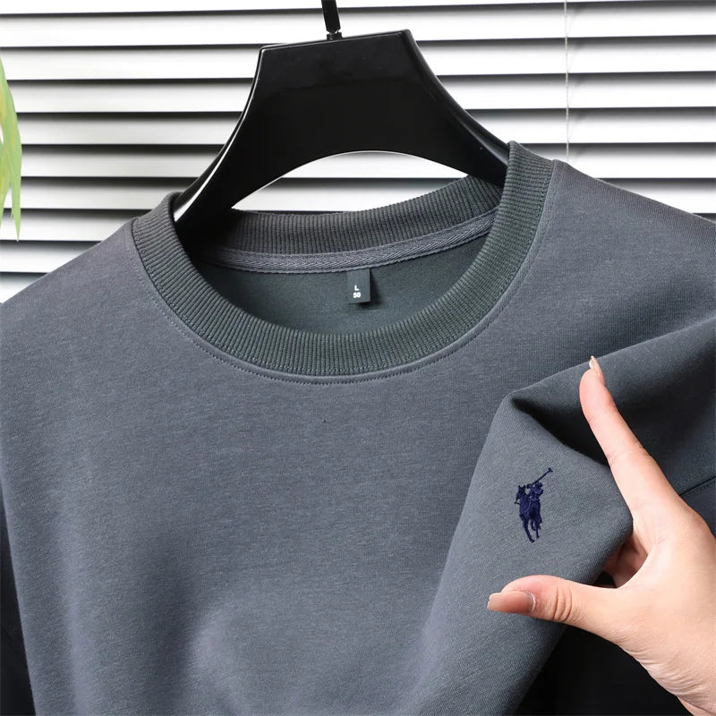 تي شيرت رجالي كاجوال فضفاض بأكمام طويلة ورقبة دائرية مطرزة من العلامة التجارية للرجال