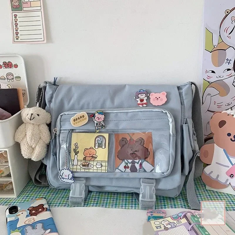 حقيبة كتف قماشية كبيرة السعة للطلاب، حقيبة كتف نسائية متعددة الاستخدامات جديدة من Harajuku اليابانية بلون واحد