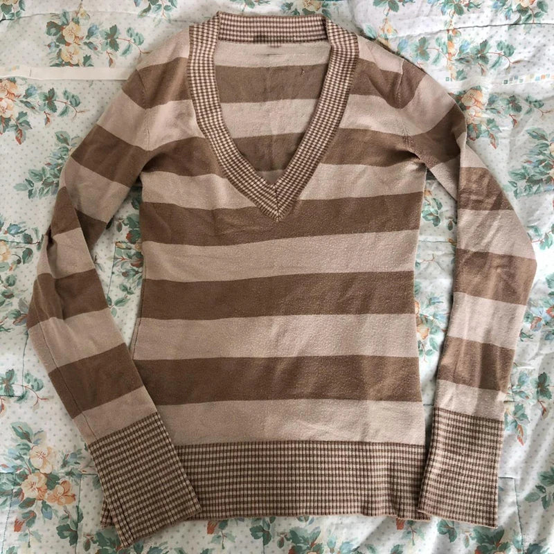 Grunge Fairy 90s Vintage Striped T-shirt Autumn Spring V Neck Long Sleeve Tops Y2K Chic Women Retro Knitted Sweater Tees Top