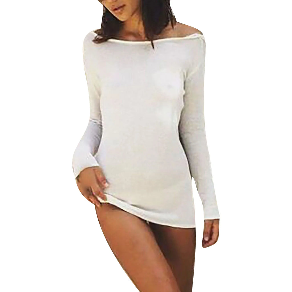 Sexy Backless White Evening Party Dress Women Elegant Long Sleeve Solid Color Loose Club Holiday Casual Mini Dress